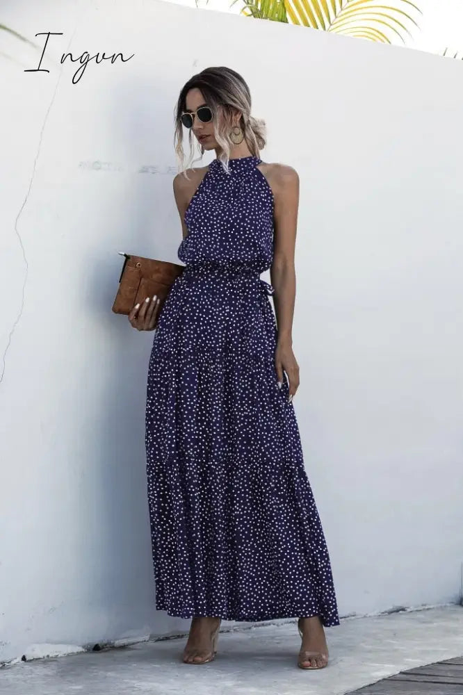 Ingvn - Summer Elegant  beach Women Dress long Print Flowers Polka-dot strap Ladies Halter boho Dress Vintage party ladies Dress