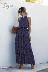 Ingvn - Summer Elegant  beach Women Dress long Print Flowers Polka-dot strap Ladies Halter boho Dress Vintage party ladies Dress