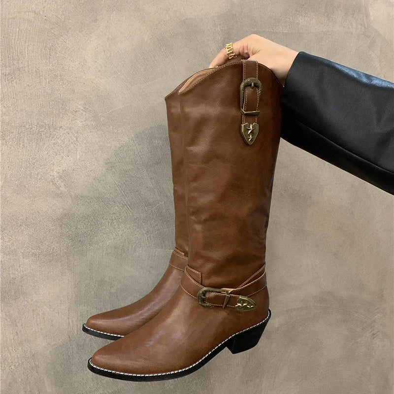 Ingvn  Vintage Pointed Toe Women Western Cowgirl Boots Fashion Elegant Belt Buckle Shoes Square Heels Ladies Knight Long Shoes