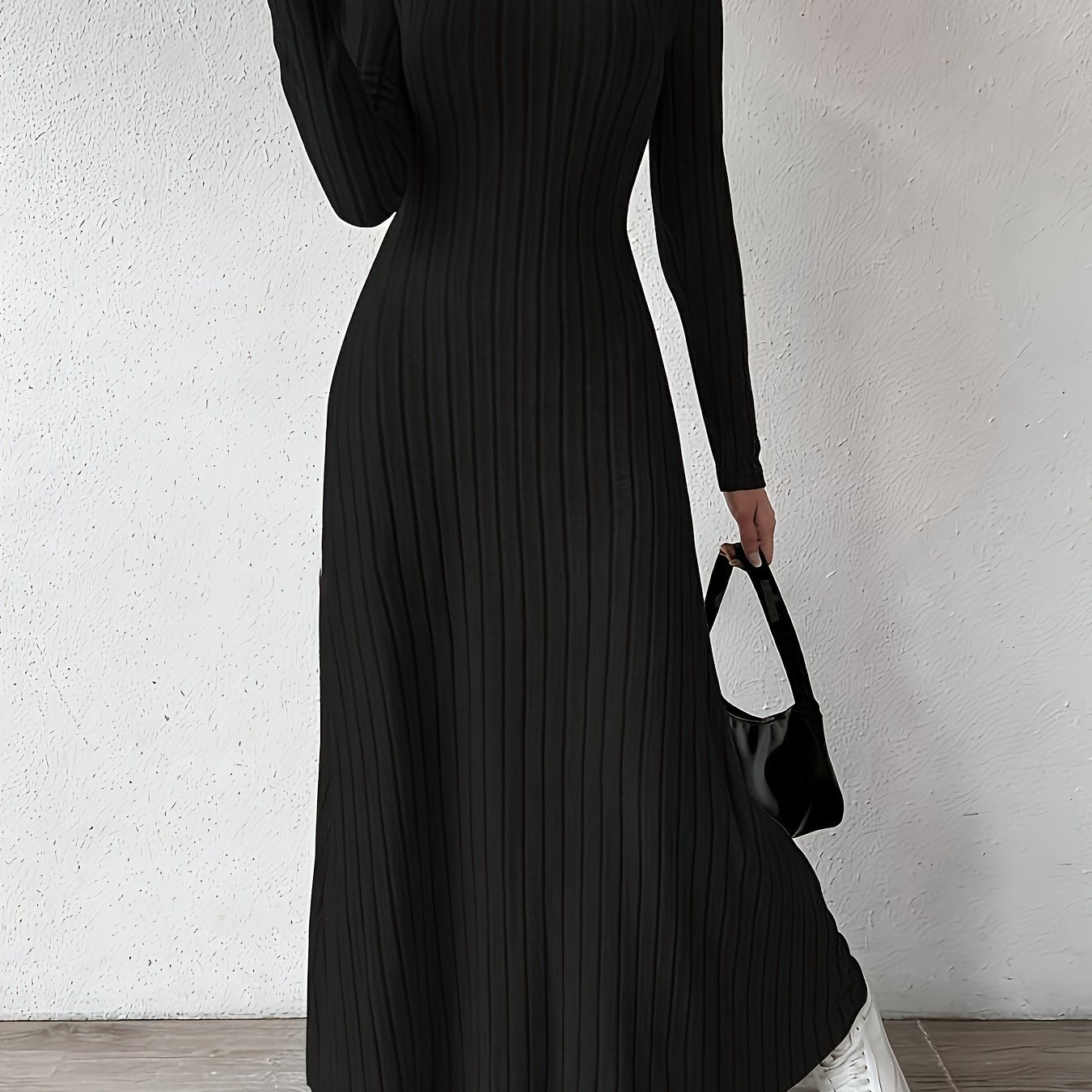 Long Sleeve Ankle Ribbed Crew Neck Sweater Dress for Fall & Winter, Elegant Women's Clothing