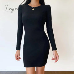 Ingvn - European and American Sexy Women's Black White Collar Long Sleeve Zipper Tight Mini Short Dress