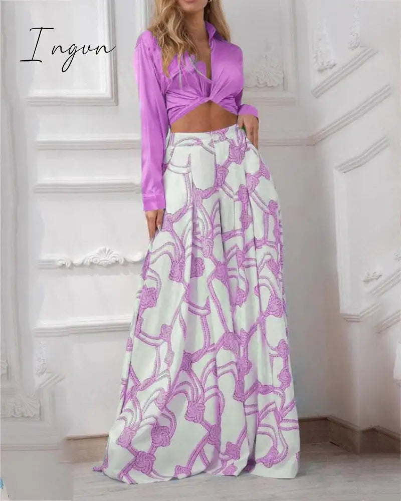 Ingvn - 2023 Fashion Summer Autumn Two Piece Sets Womens Fashion Sexy Mid Sleeve Shirt Elgant Floral Print Wide Leg Pant Suit Casual 2pcs Set Women