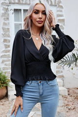 Ingvn - Neck Frill Trim Lantern Sleeve Smocked Waist Blouse