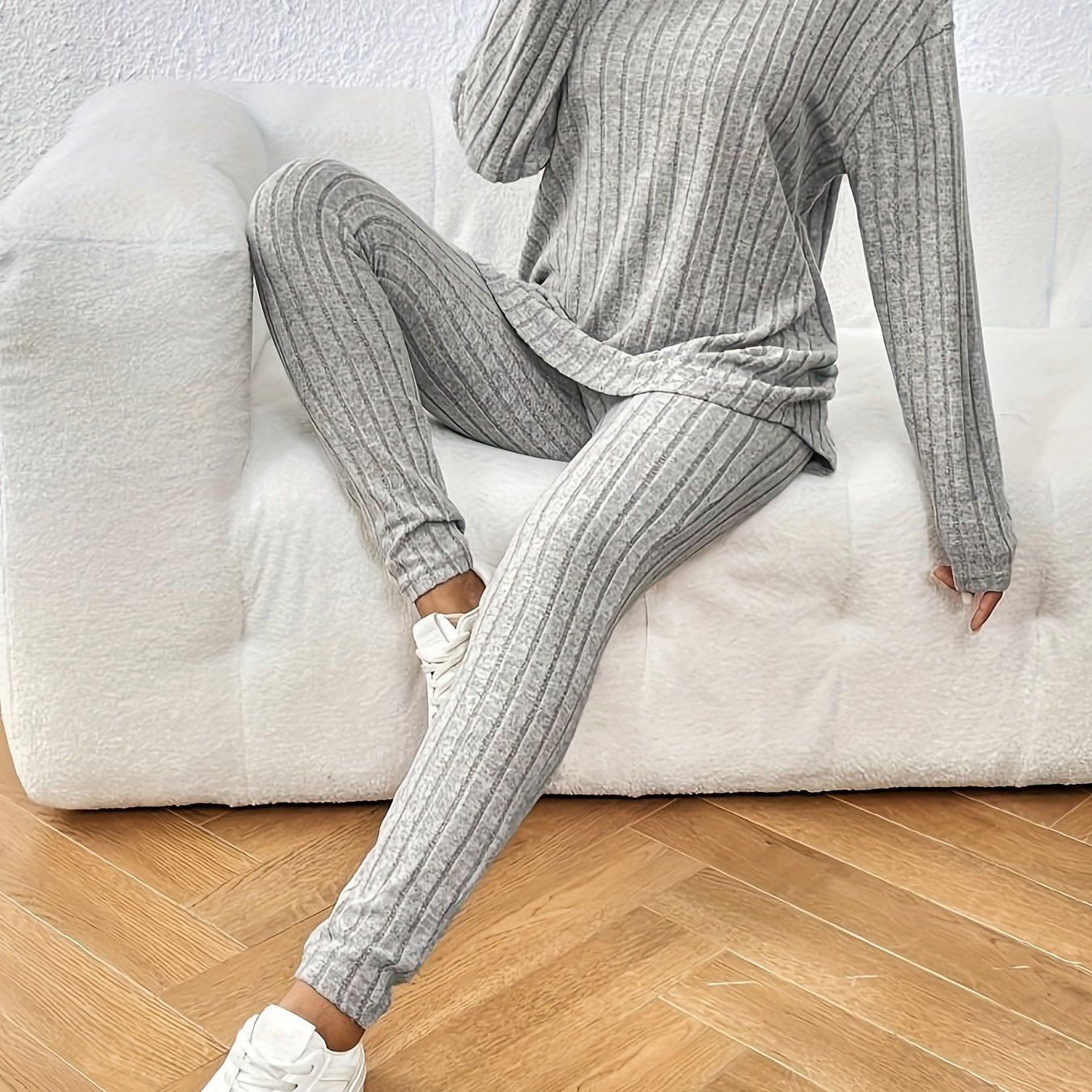 Two-Piece Pants Set - Elegant Solid Color Long Sleeve Crew Neck T-Shirt and Skinny High Waist Pants Outfit for Women - Polyester Knit Fabric, Mid Elasticity, Spring/Fall Season, No Printing, No Sheer