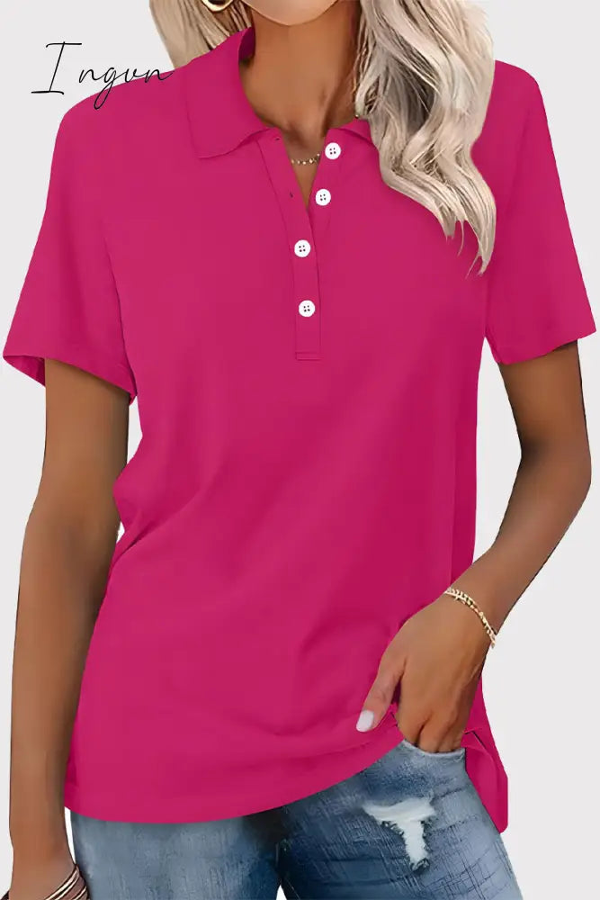Ingvn - Casual Simplicity Solid Buckle Turndown Collar T-Shirts