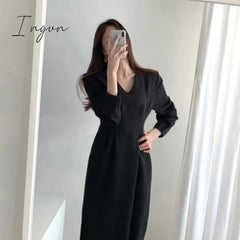 Ingvn - Spring Autumn Women Solid Black Elegant Office Lady V Neck Fashion Long Korea Chic Dress