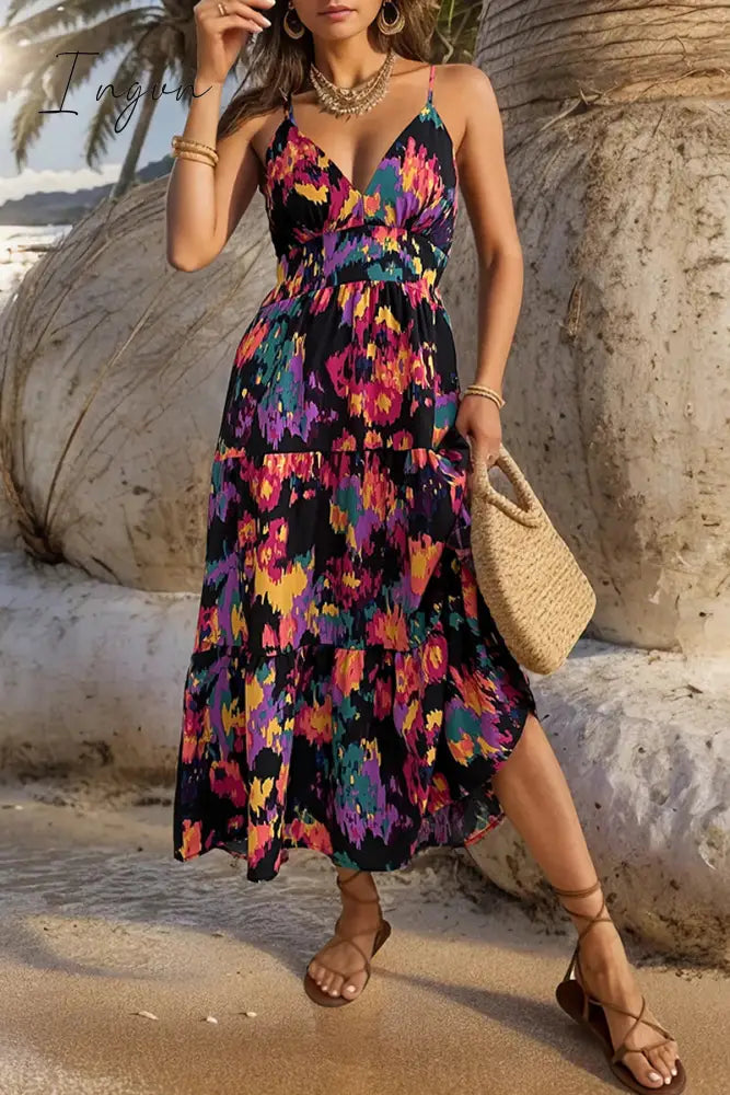 Ingvn - Sexy Print Backless V Neck Sling Dress Dresses