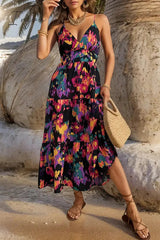 Ingvn - Sexy Print Backless V Neck Sling Dress Dresses