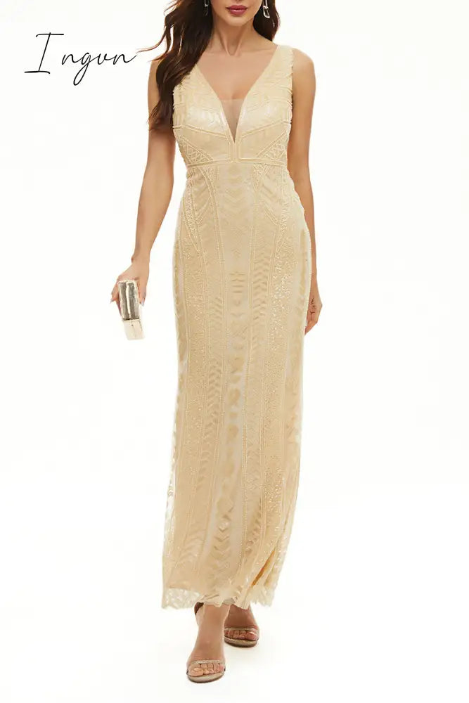 Ingvn - Elegant College Patchwork Sequins V Neck Evening Dress Dresses