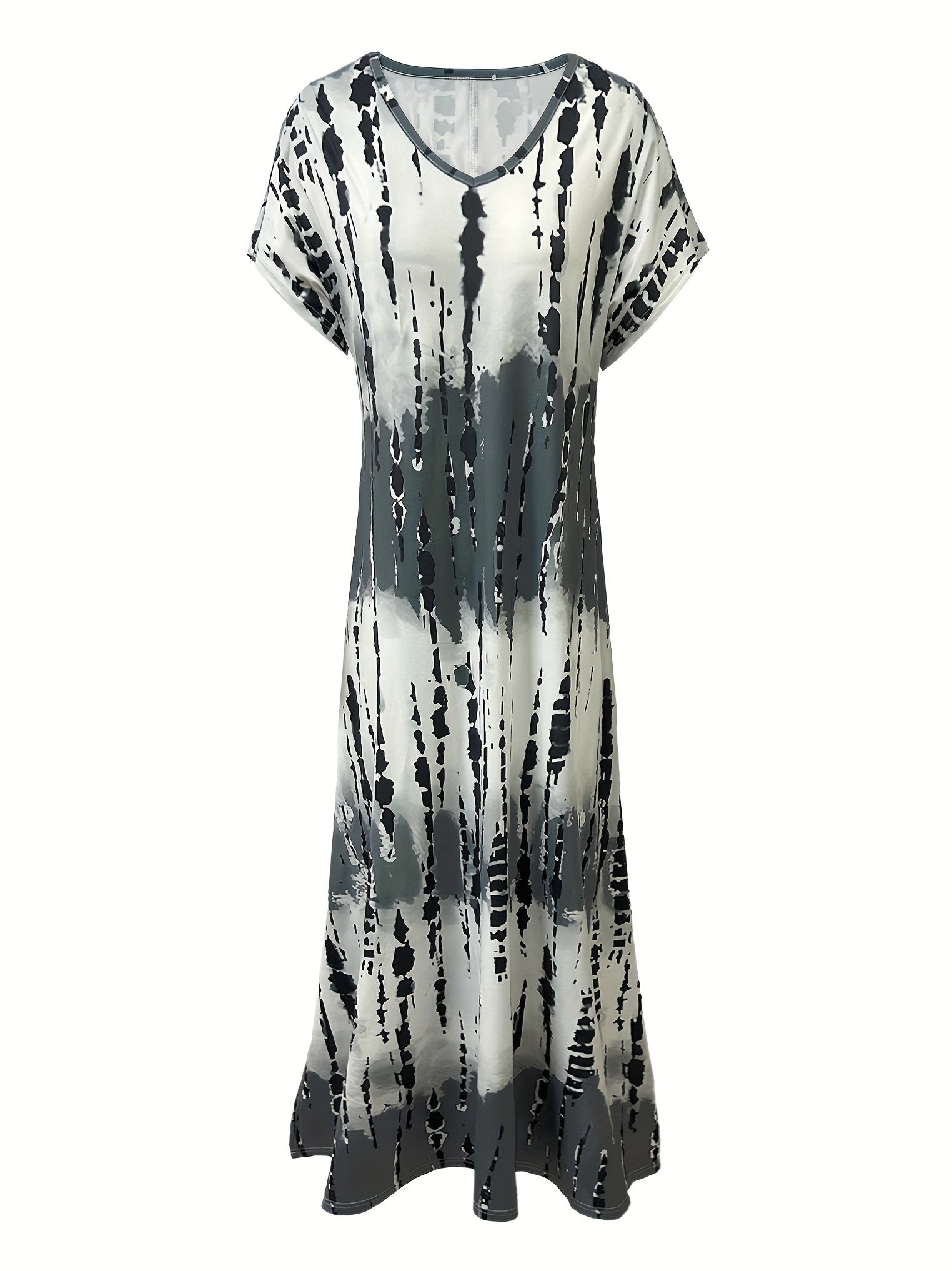 Tie Dye V-neck Dress, Elegant Split Short Sleeve Dress For Spring & Summer, Women's Clothing