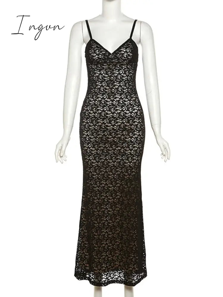 Ingvn - Sexy Lace Spaghetti Strap Maxi Dress Women Off-shoulder Sleeveless Gown Elegant Bodycon Party Long Dress Vestidos