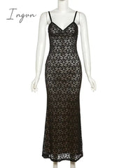 Ingvn - Sexy Lace Spaghetti Strap Maxi Dress Women Off-shoulder Sleeveless Gown Elegant Bodycon Party Long Dress Vestidos