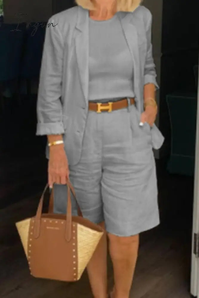 Ingvn - Casual Simplicity Solid Color Turn-back Collar Nine Points Sleeve Two Pieces(4 Colors)