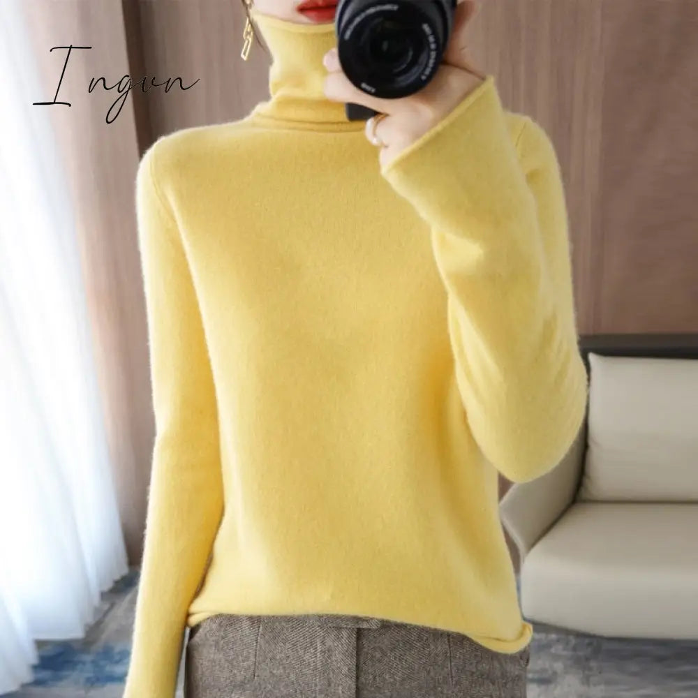 Ingvn - 100% Pure Wool Cashmere Sweater Fall/Winter Pile Collar Pullover Korean Fashion Casual Knitted Tops Women Jacket Long Sleeve