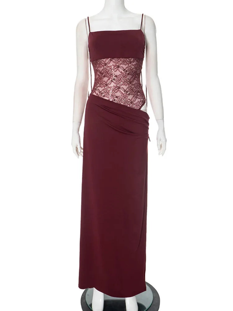 Spaghetti Strap Sheer Lace Sexy Maxi Dress For Women Elegant Hollow Out Sleeveless Backless Bodycon Evening Long Dress