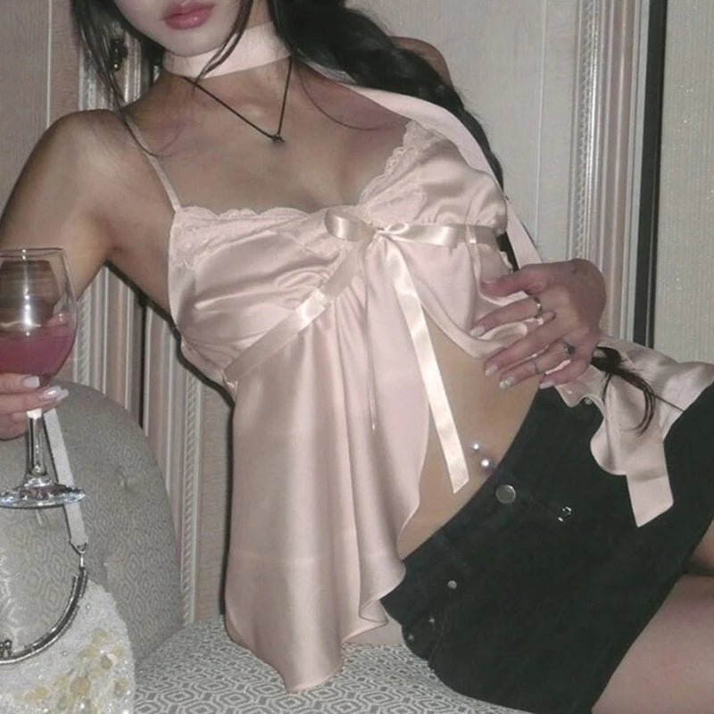 Kawaii Bandage Lace Pink Camisole Women Sexy Sweet Patchwork Satin Crop Tops with Slit Summer y2k Vintage Tank Tops Cute