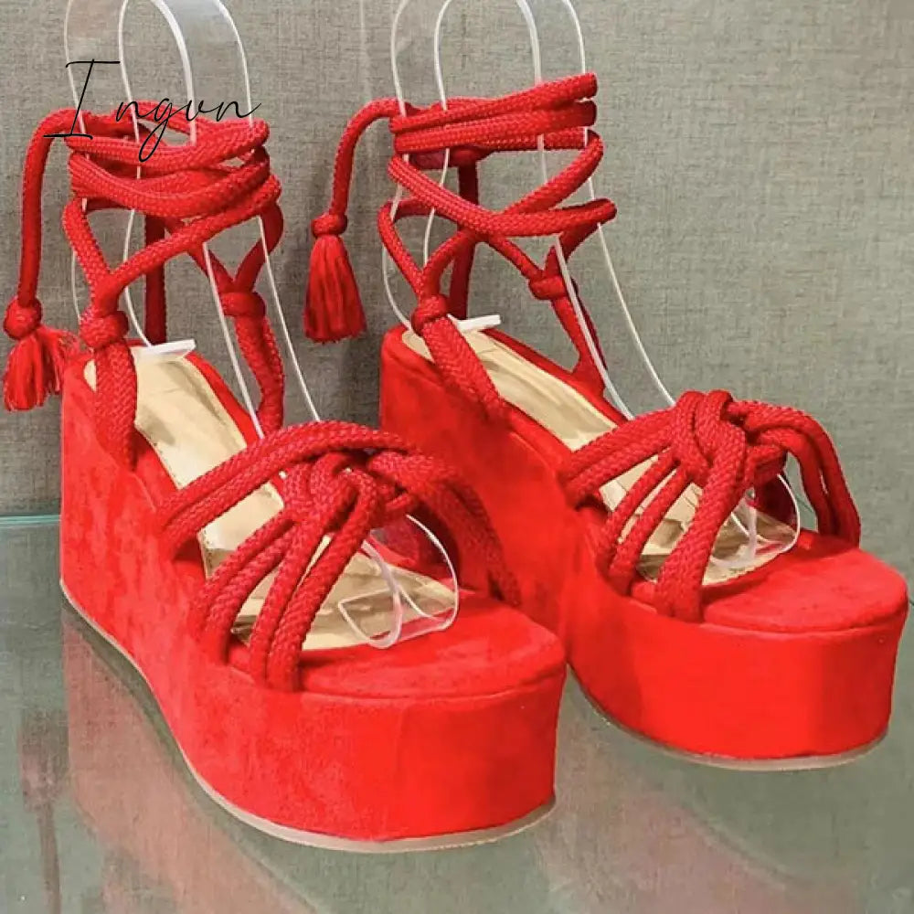 Ingvn - Solid Velvet Ankle Strap Platform Sandals