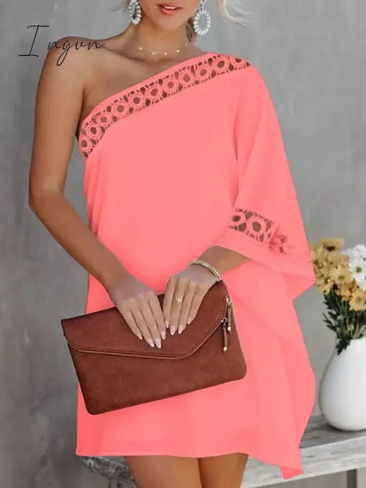 Ingvn - Sexy One-Shoulder Long Sleeve Party Dress Spring Vintage Halter Loose Irregular Dress Elegant Women Print Ruffle Dresses Vestido