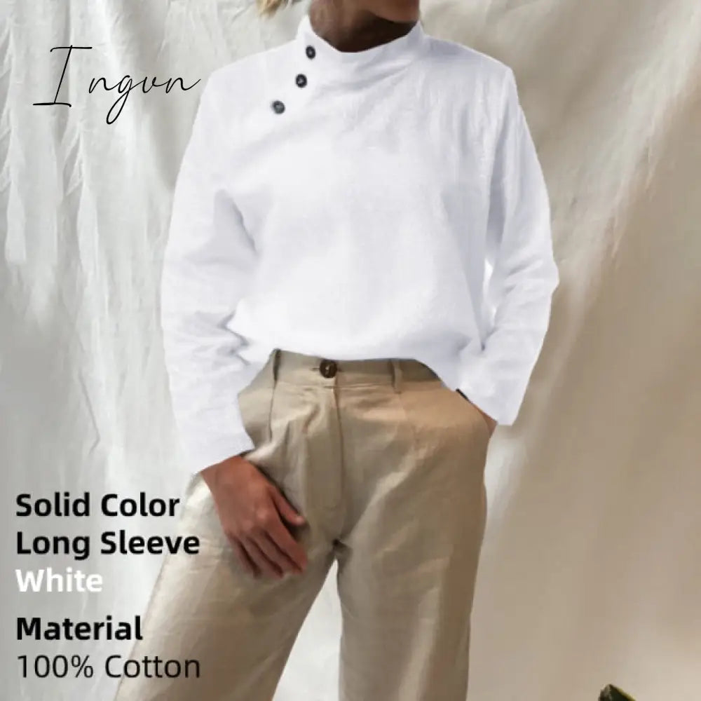Ingvn - New Stylish Tunic Tops Plus Size Women Short Sleeve Summer Blouses Buttons Solid Cotton Linen Tops Casual Loose Blusas Femme