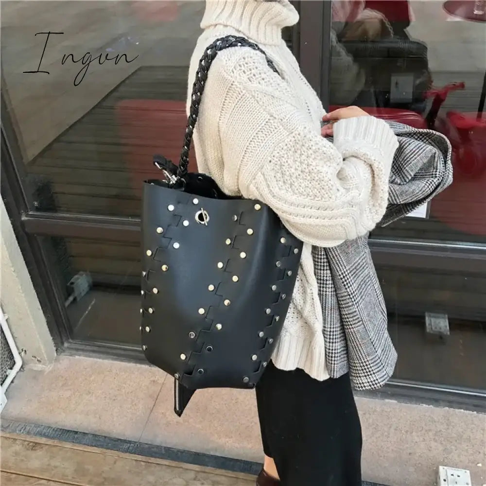Ingvn - Designer Rivets Large Bucket Bags Women Purses and Handbags Female High Quality Shoulder Messenger Bags Black Hollow Out