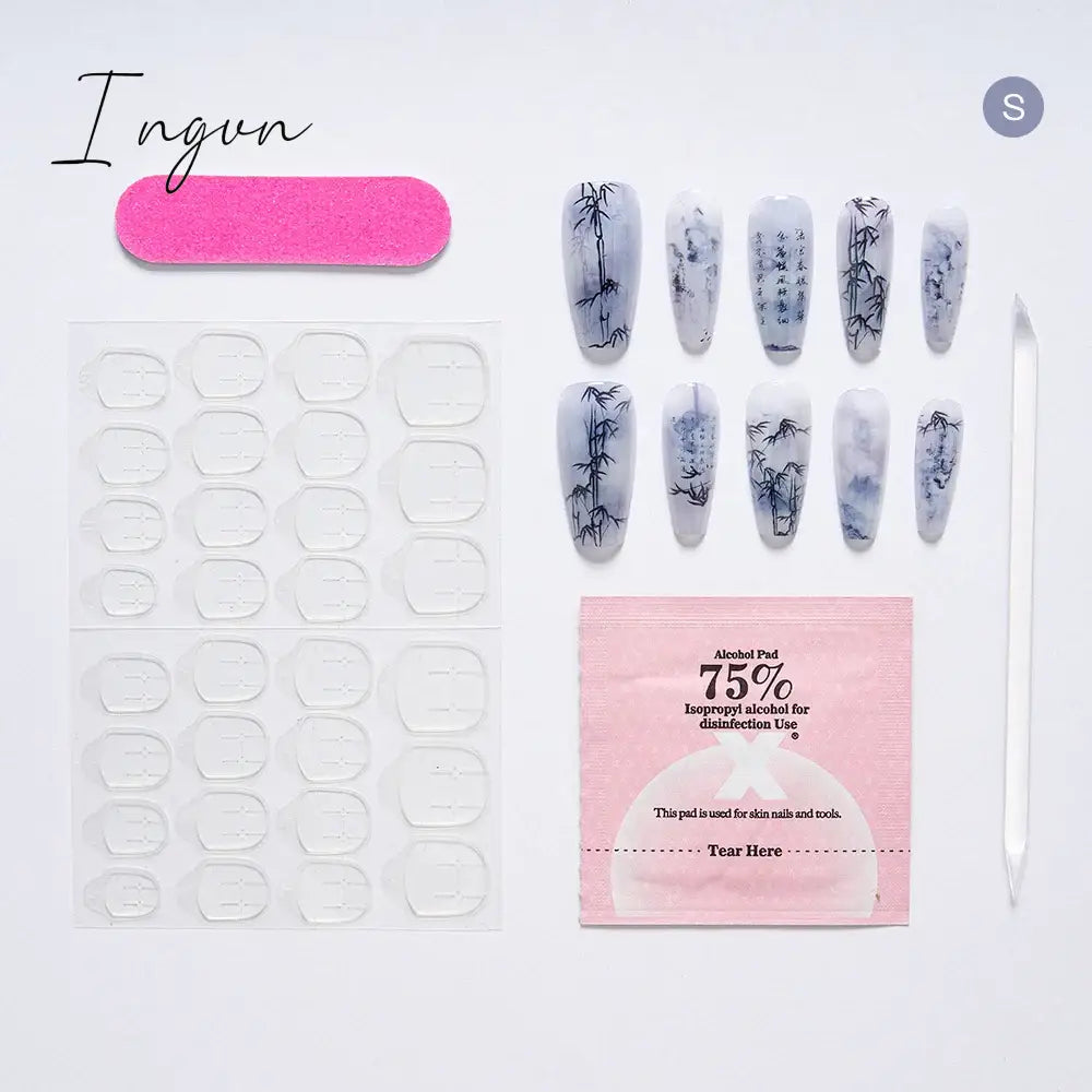 10PCS Chinese Style Fake Nails with Glue Sfumato Ink Long Nails Set Press on Acrylic Stick on False Nails Art