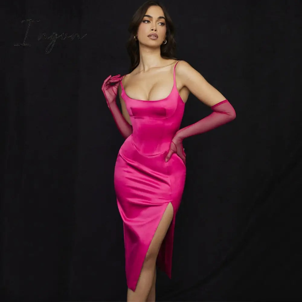 Ingvn - Summer Bodycon White Satin Evening Night Party Dresses Sexy Birthday Dress For Women Elegant Black Midi Dress New Years Eve Dresses For Women