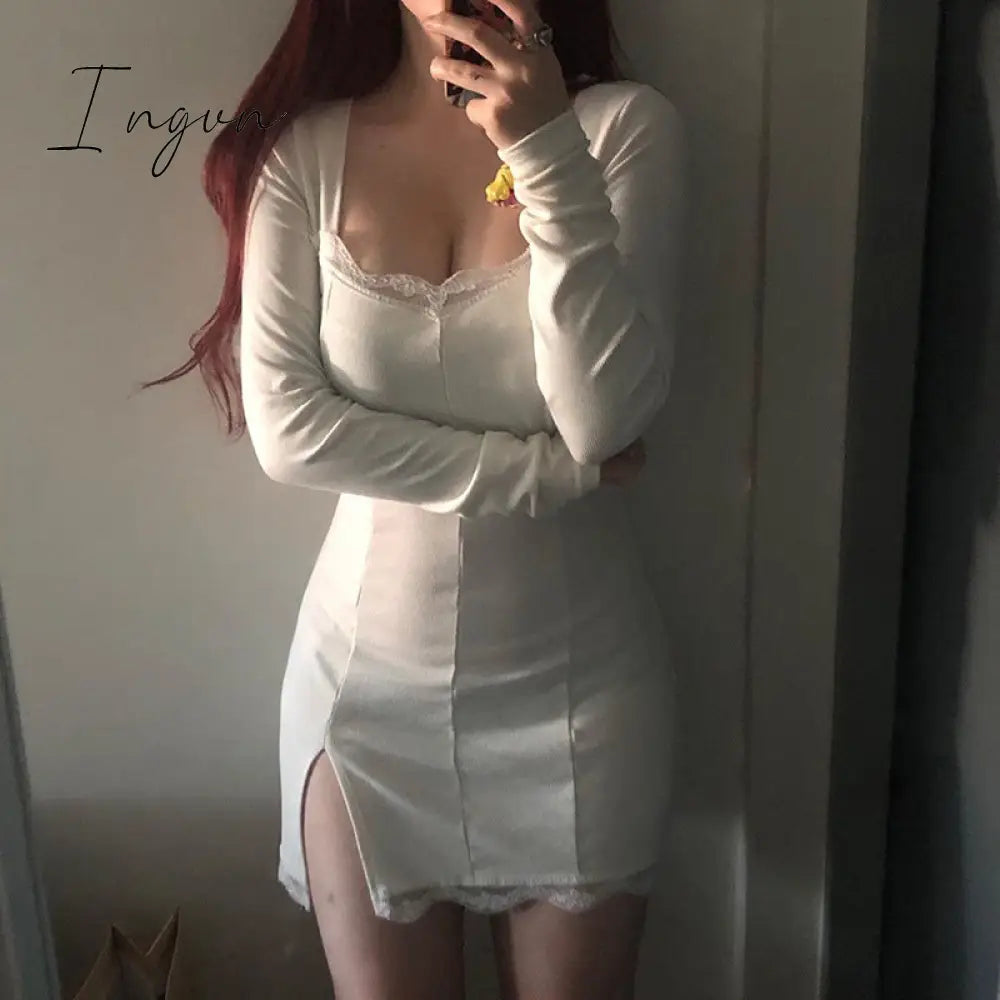 Ingvn - Women Winter Dress Women New Arrivals Sexy Long Sleeve Lace Split Black White Solid Party Dresses Vestidos
