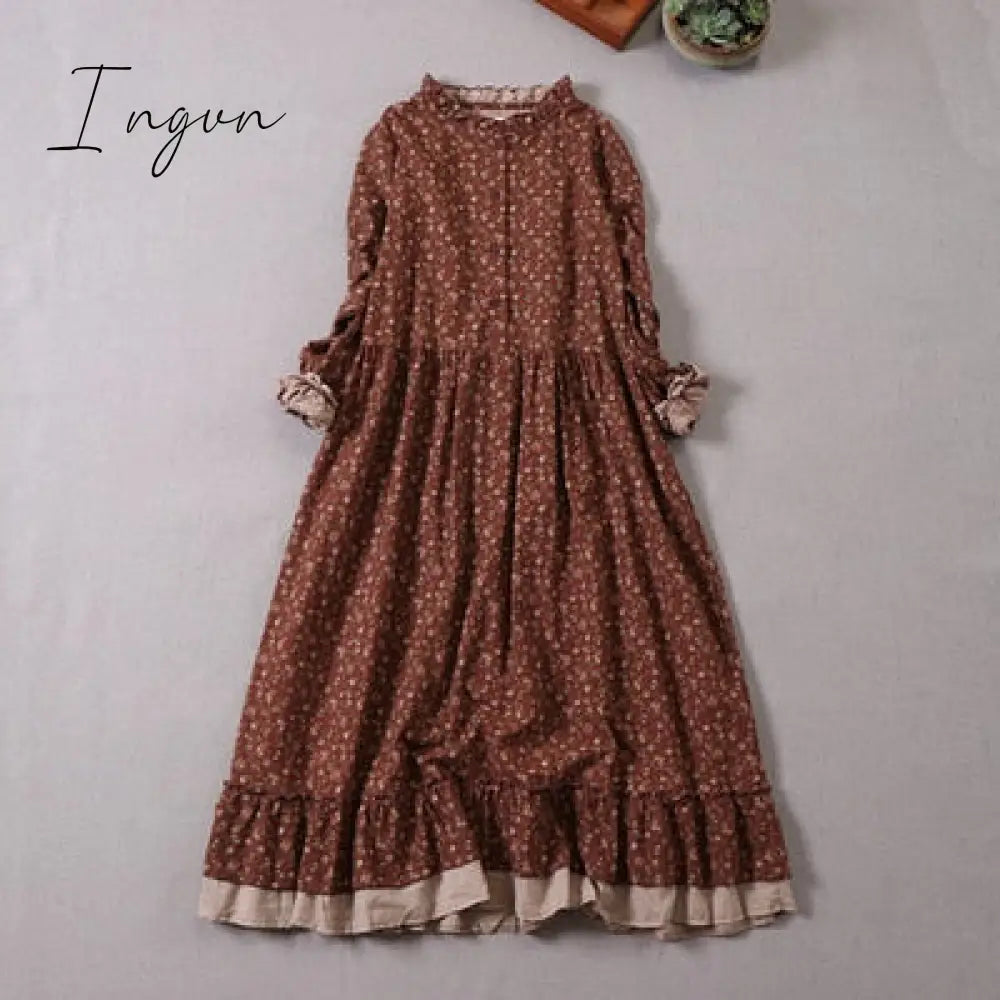 Ingvn - Japanese Mori girl art print dress autumn new floral  dress loose long-sleeved  dress