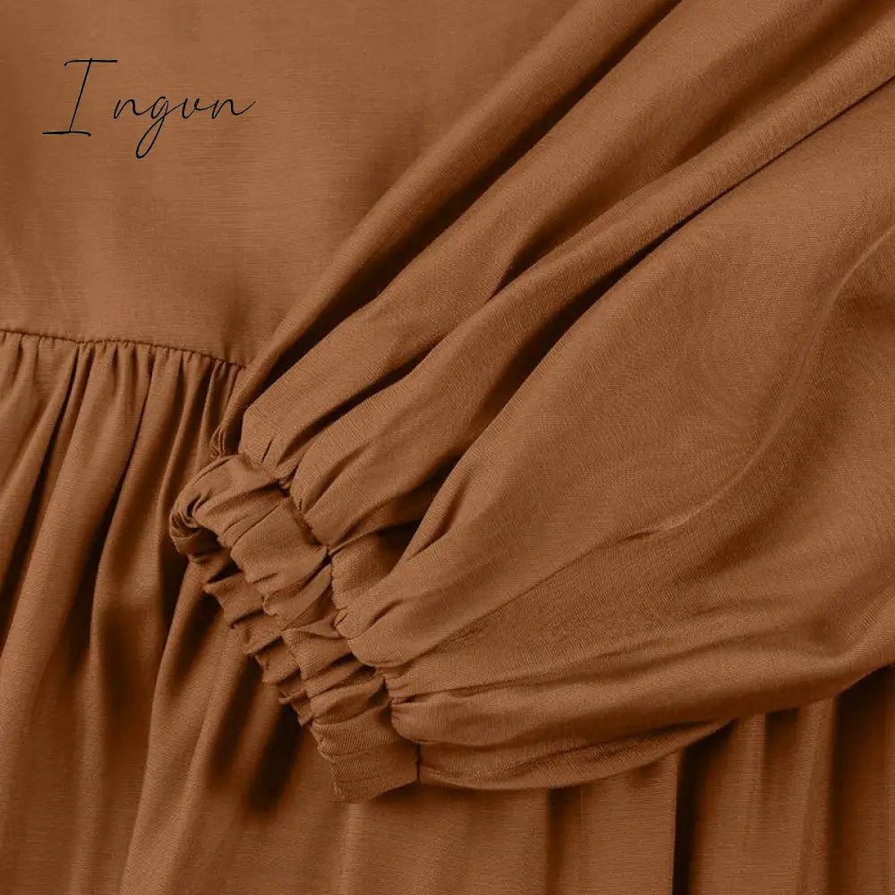 Ingvn - Loose Dress Autumn Women Long Sleeve Solid V Neck Party Dress Casual Loose Ruffled Pleated Party Vestido Robe