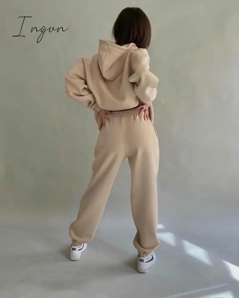 Ingvn - 2 Piece Set Women Spring Autumn Tracksuit Solid Hooded Sweatshirt Top And Wide Leg Pants Suits Loose Casual Fashion Sportswear