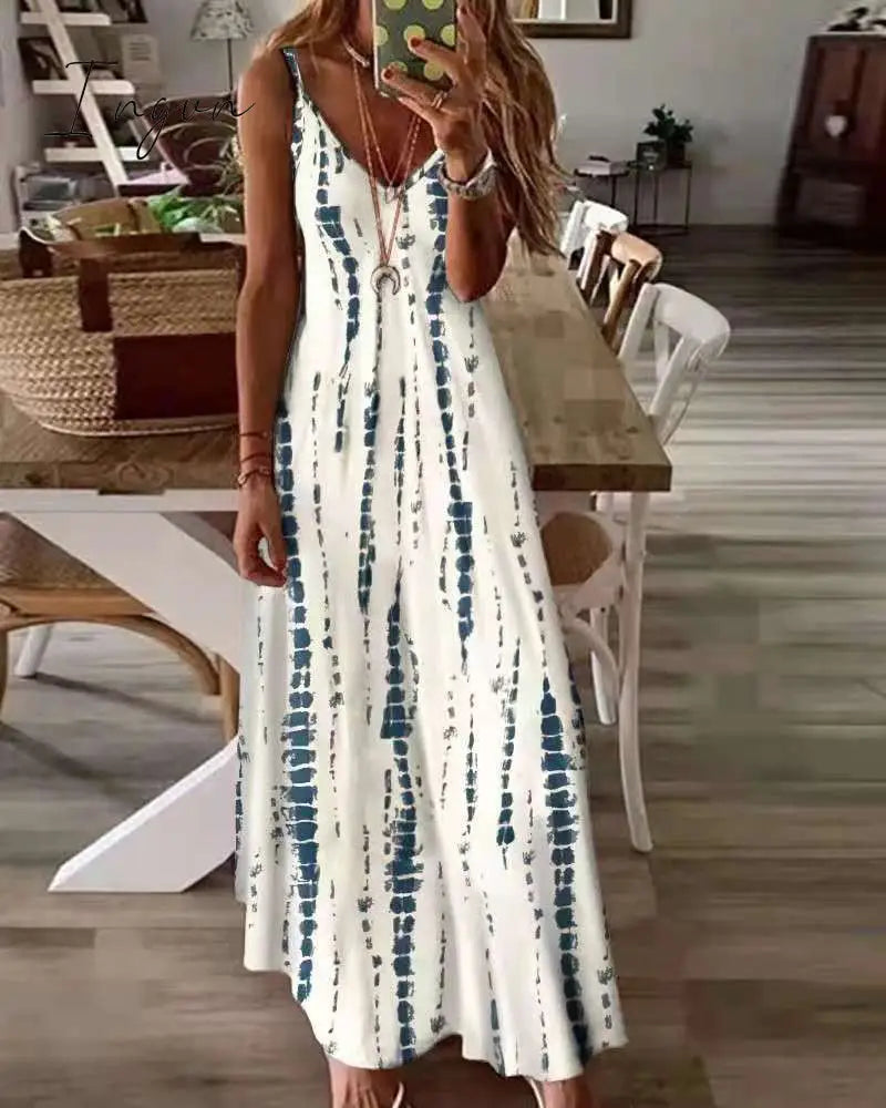Ingvn - Selling New High Street Tie Dye Dress Sexy Spaghetti Strap V Neck Long Dresses Women Summer Beach Dresses Party Tunic Plus Size 5XL
