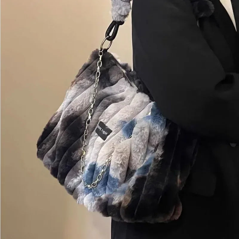 Ingvn  Tie-dye Womens Tote Bag Athletic Plush Chain Autumn and Winter Shopper Shoulder Bag Fluffy Large Capacity Ladies Handbag