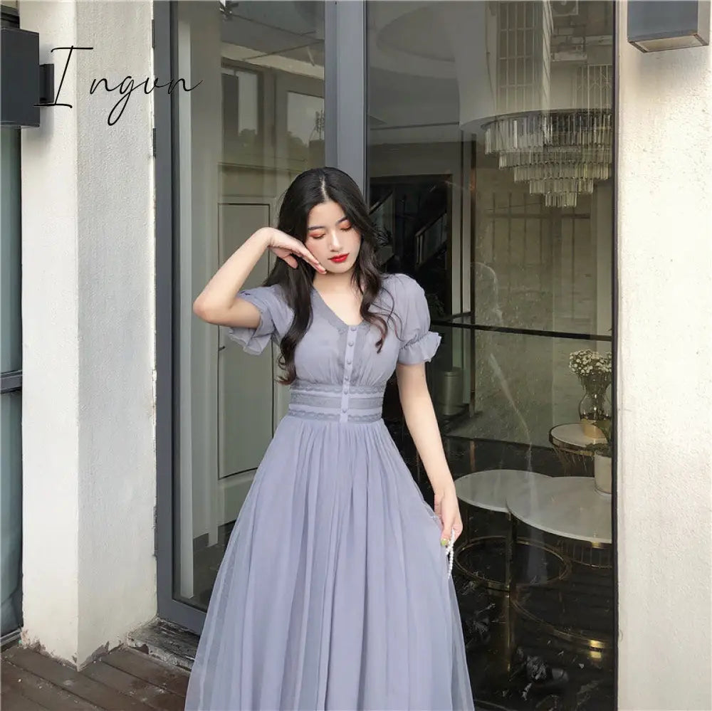 Ingvn - New Summer Mesh Dress Female V-neck Short Puff Sleeve A-line Women Dress Slim Korean Style Mesh Elegant Vintage Vestidos