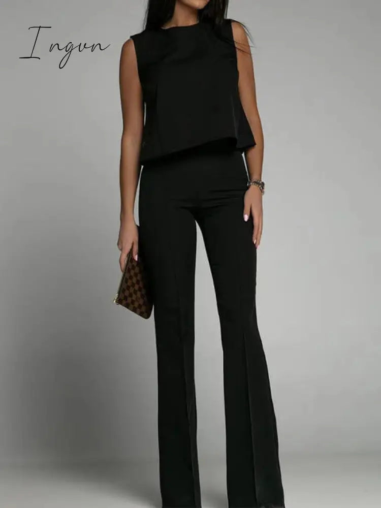 Ingvn - Office Elegant Commuter Set Fashion O-neck Sleeveless Tops and Flared Pants Suit Women Sexy Backless Tie Solid Two Piece Outfits