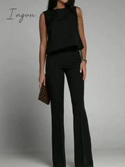 Ingvn - Office Elegant Commuter Set Fashion O-neck Sleeveless Tops and Flared Pants Suit Women Sexy Backless Tie Solid Two Piece Outfits
