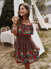 Ingvn - Bohemian Print Off-Shoulder Strapless Knee Length Dress