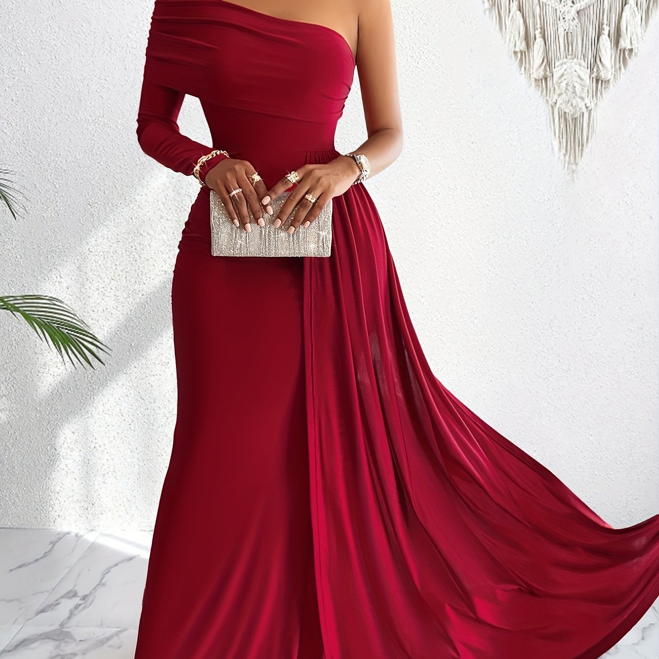 One Shoulder Asymmetrical Flowy Dress, Elegant Ruched Maxi Dress For Party & Banquet, Women's Clothing