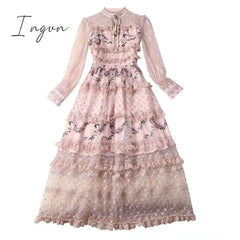 Ingvn - Spring Outfits Designer Runway Party Evening Midi Long Dresses For Women Ruffles Embroidery Floral Elegant Traf Chic Ladies Vestidos Femme Robe
