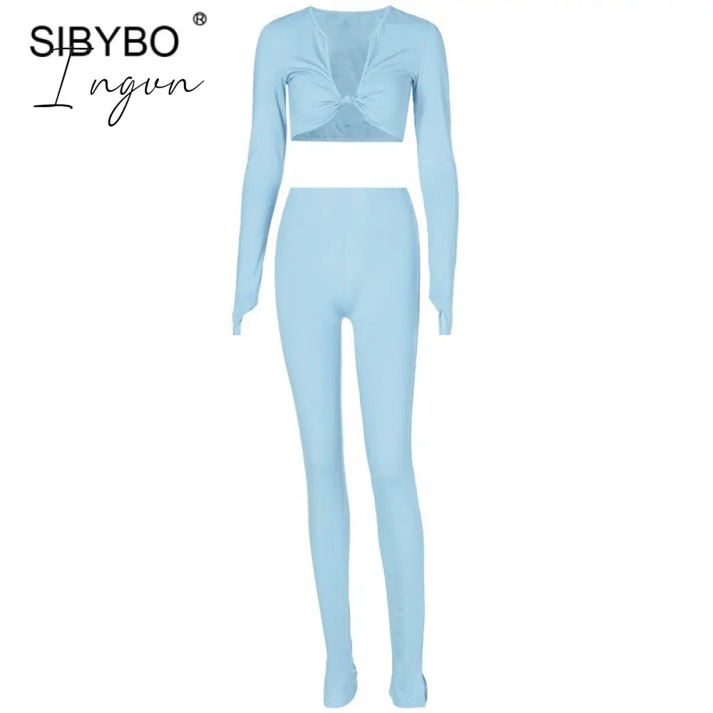 Ingvn - 2 Piece Outfits For Women Sexy Long Sleeve Crop Tops Drawstring Leggings Pants Sets Casual Sporty Sweatpants Tracksuits
