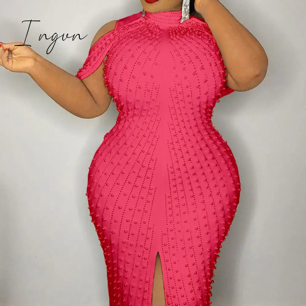 Ingvn - Beading White Plus Size Bodycon Dress 5xl Sexy Party Dinner Club Midi Dresses Elegant Split Female Evening Vestidos Summer