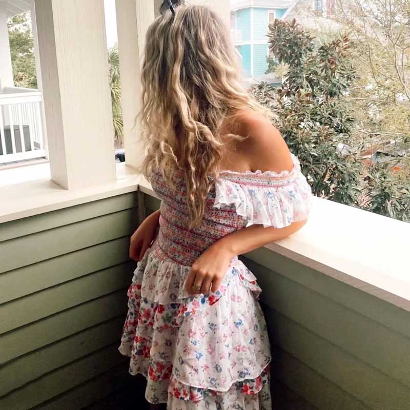 Mixed floral prints ruffled party dress puff sleeve square neck smocked sexy laides dress mini chic summer dress