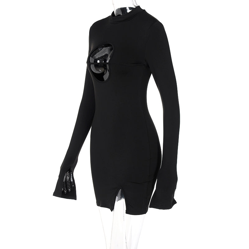 Long Flare Sleeve O Neck Bodycon Hollow Out Mini Dress Autumn Winter Women Fashion Outfit Y2K Slim Streetwear