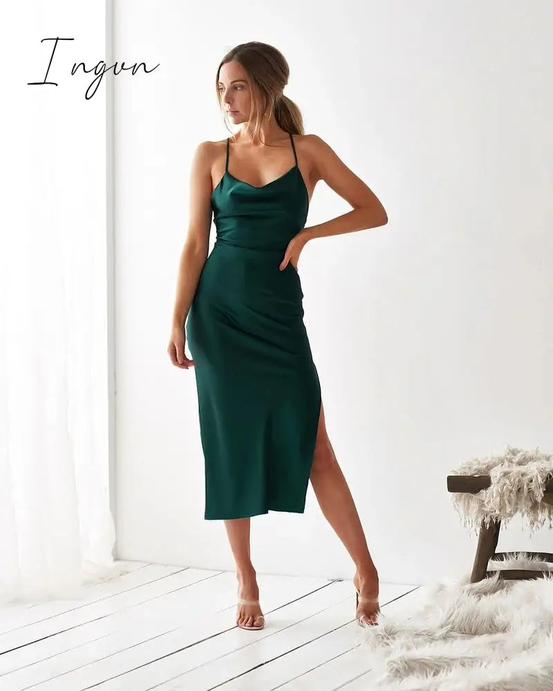 Ingvn - Summer Sleeveless Spaghetti Strap Black Silk Long Dress Sexy Backless Elegant Satin Bodycon Party Dress Woman Split Midi Dresses
