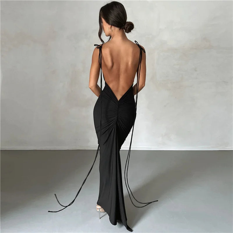 Spaghetti Strap Backless Ruched Maxi Dress For Women Robe Sleeveless Wrap Hip Bodycon Party Long Dress Vestidos