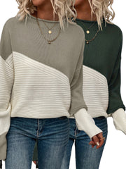 Color Block Loose Pullover Sweater, Elegant Long Sleeve Drop Shoulder Sweater, Women's Clothing