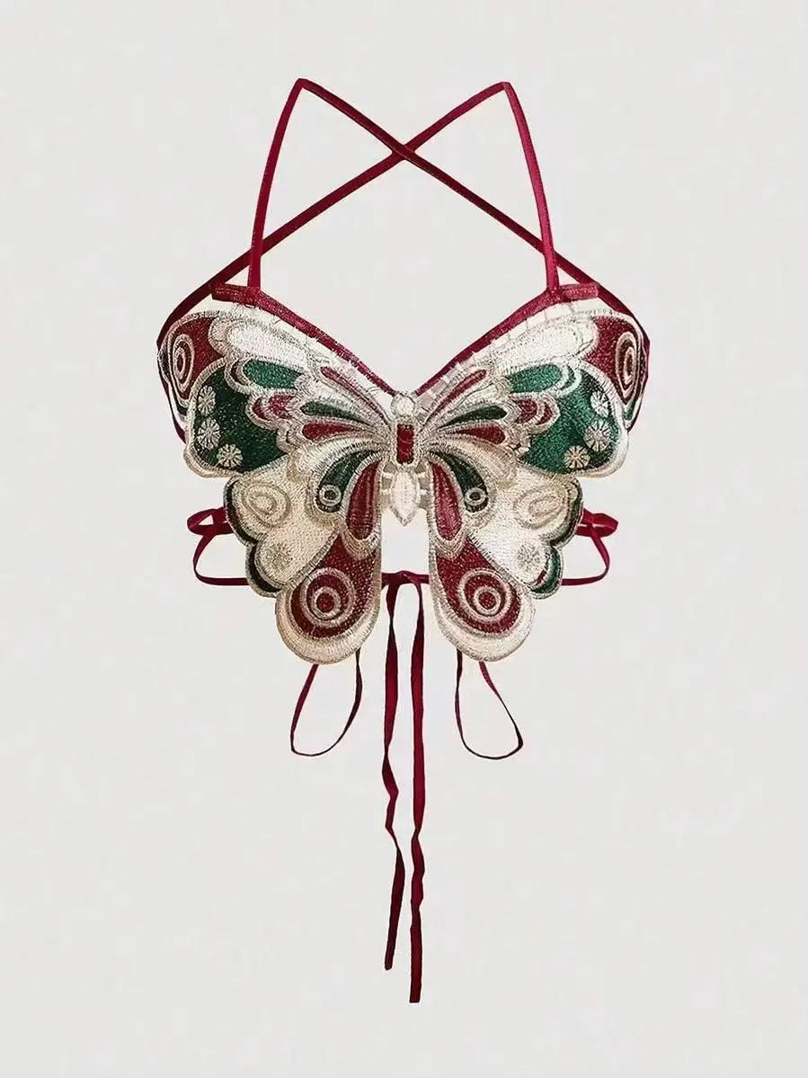 Women's Butterfly Embroidered Top Backless Adjustable Navel Baring Sexy Cropped TopSleeveless Camisole Sexy Daily Y2K Top