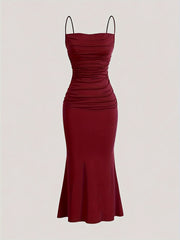 Sexy Fit and Flare Mermaid Hem Dress - Spaghetti Strap, Micro Elasticity, Ruched Front, Solid Color, Polyester, Machine Washable - Perfect for Summer and Spring, Womens Clothing