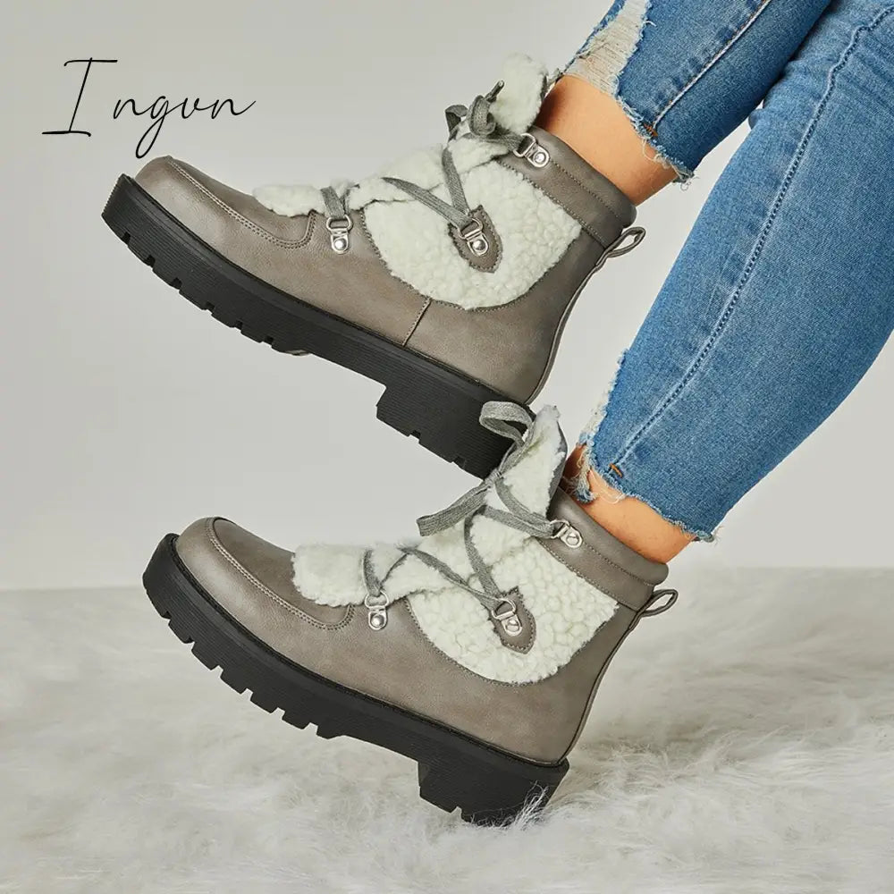 Ingvn - Women's Faux Shearling Stiching Lace Up Snow Boots