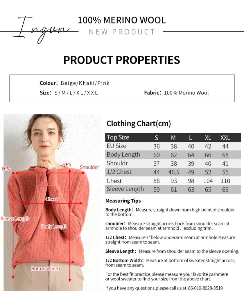 Ingvn - 100% Merino Wool Cashmere Sweater Women Winter Warm O-Neck Long Sleeve Ladies Pullover knitted Autumn Jumper Vintage Sweater