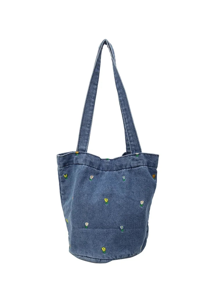 Ingvn  Large Capacity Women's Shoulder Bucket Bag Soft Denim Female Reusable Shopping Bags Embroidery Flower Ladies Tote Purse Handbag